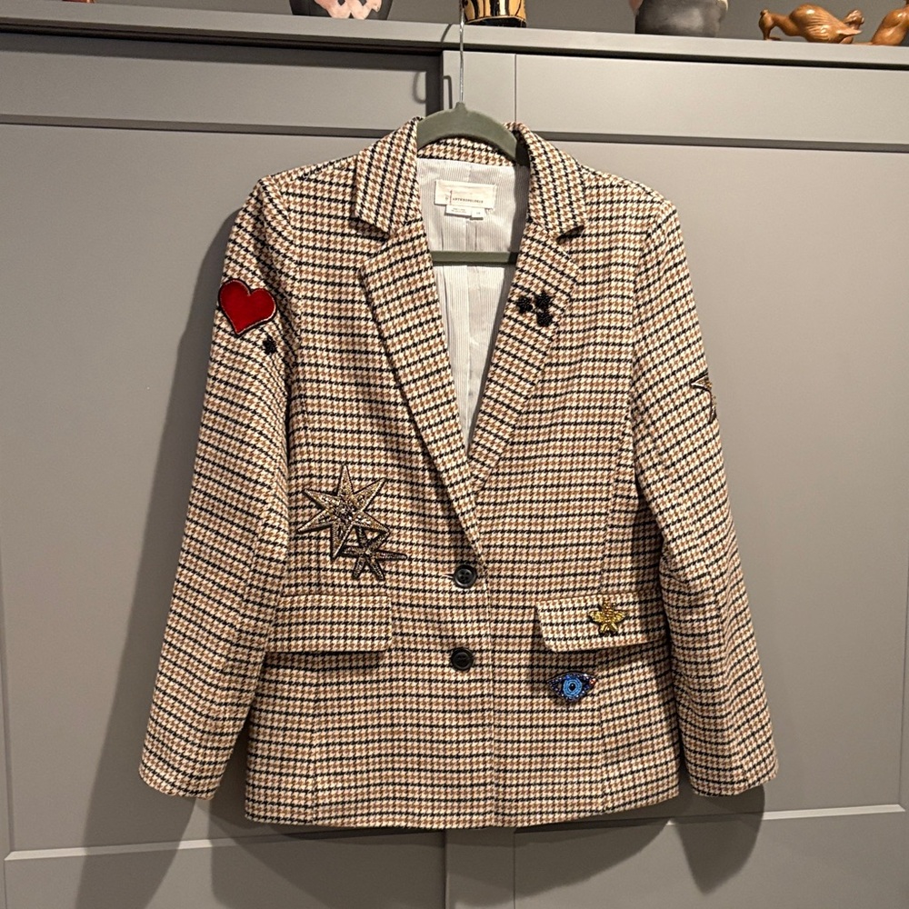 Anthropologie Plaid Women's Blazer with Embroidered Patches